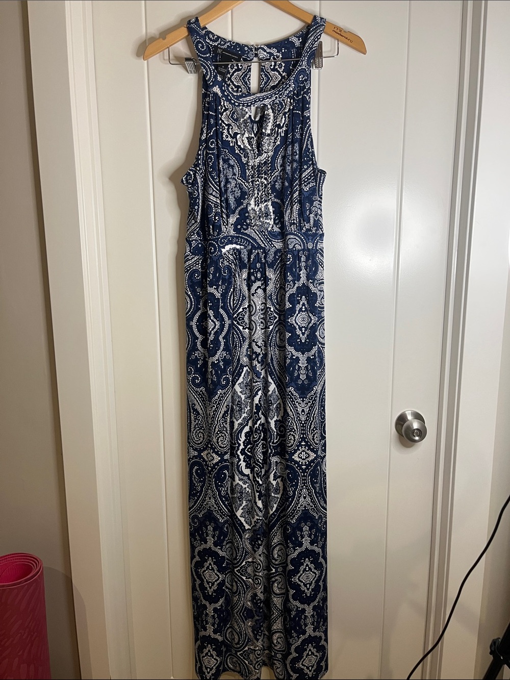INC International Concepts Navy and White Paisley Halter Maxi Dress